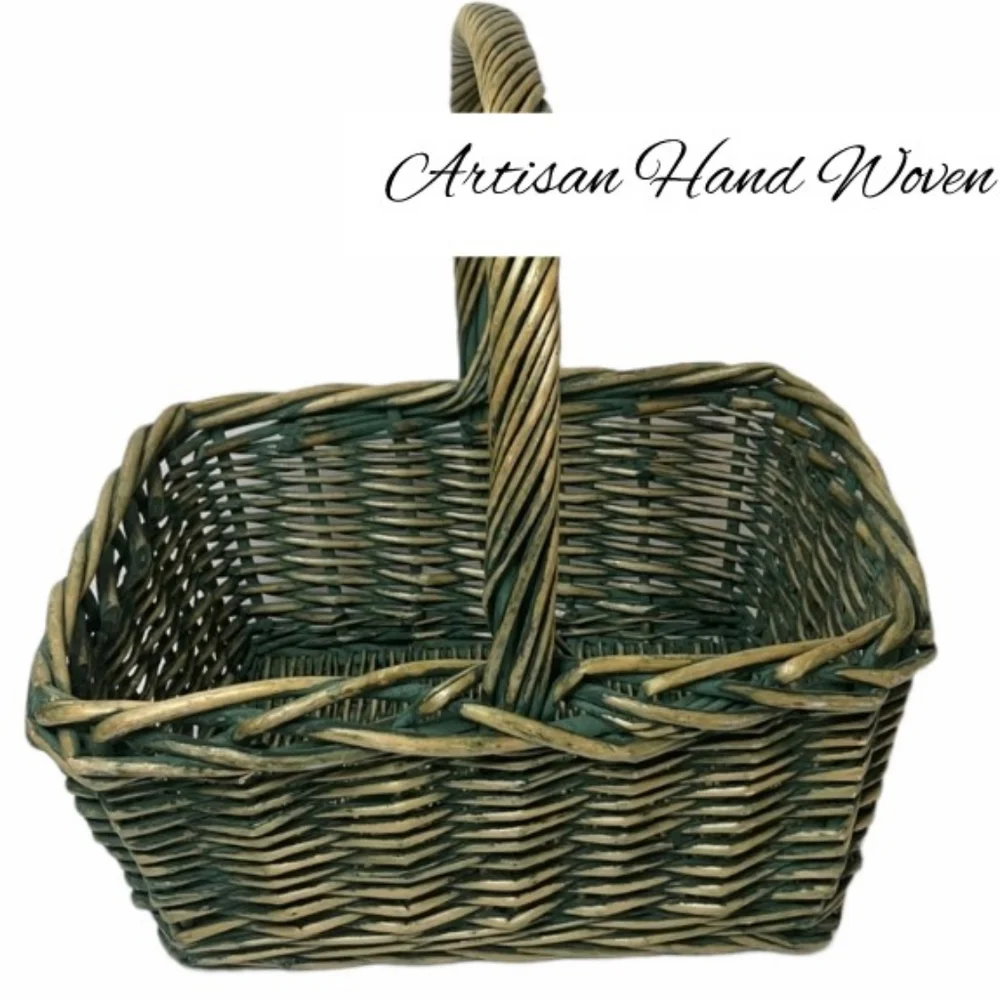 Hand Woven Basket Very Large Sturdy Storage Picnic Basket Rectangle Green